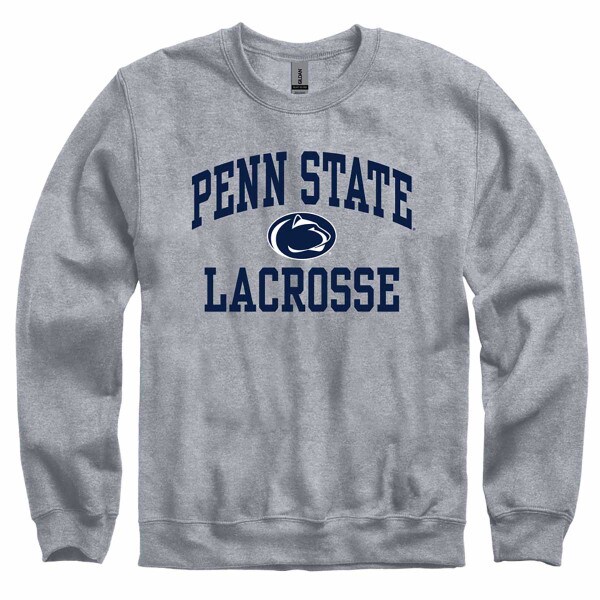 heather gray crew neck sweatshirt with Penn State Lacrosse